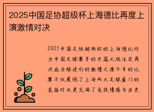 2025中国足协超级杯上海德比再度上演激情对决