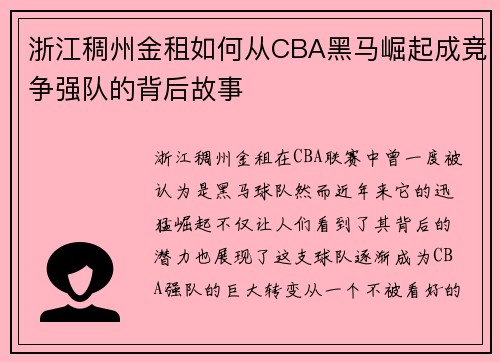 浙江稠州金租如何从CBA黑马崛起成竞争强队的背后故事